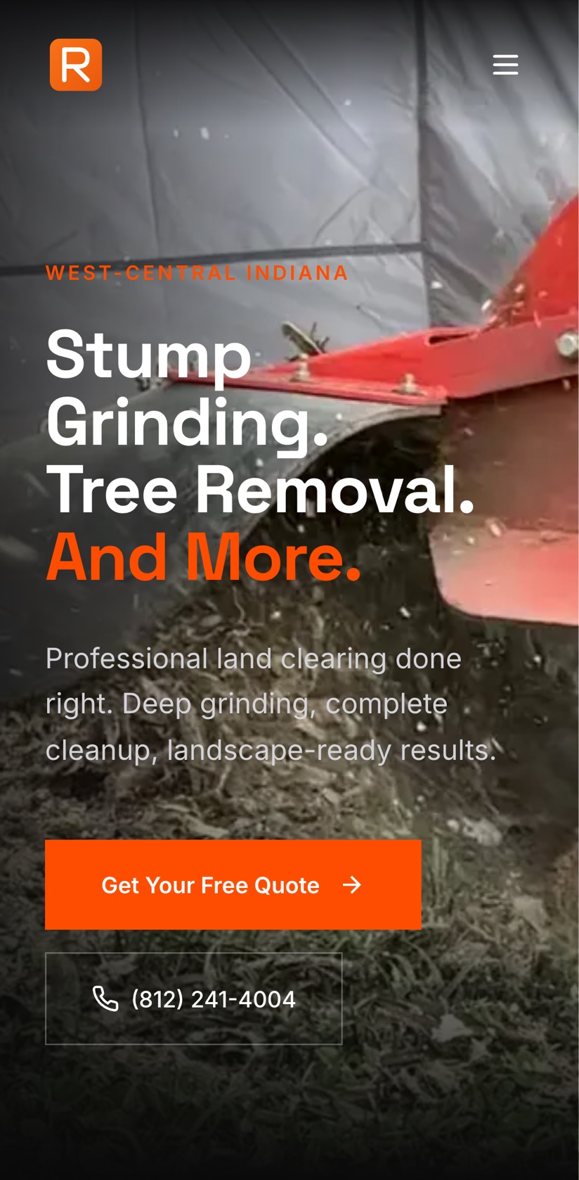 R&R Stump Removal’s homepage on a phone, with the same headline and a quote button.